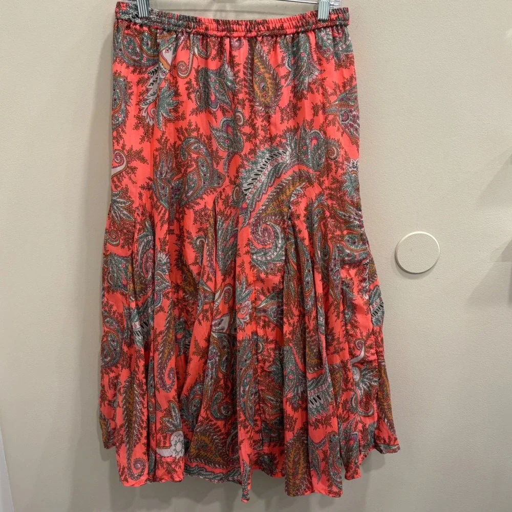 VTG Y2K Mix Nouveau Coral Paisley Boho Fairy Pull-On Maxi Midi Skirt Godet Large